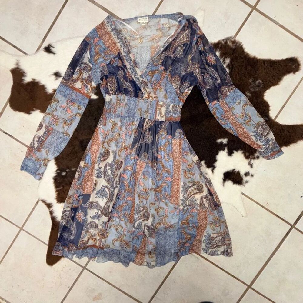 En Focus Studio Blue Orange Paisley Patchwork Mesh Midi Dress Size 10